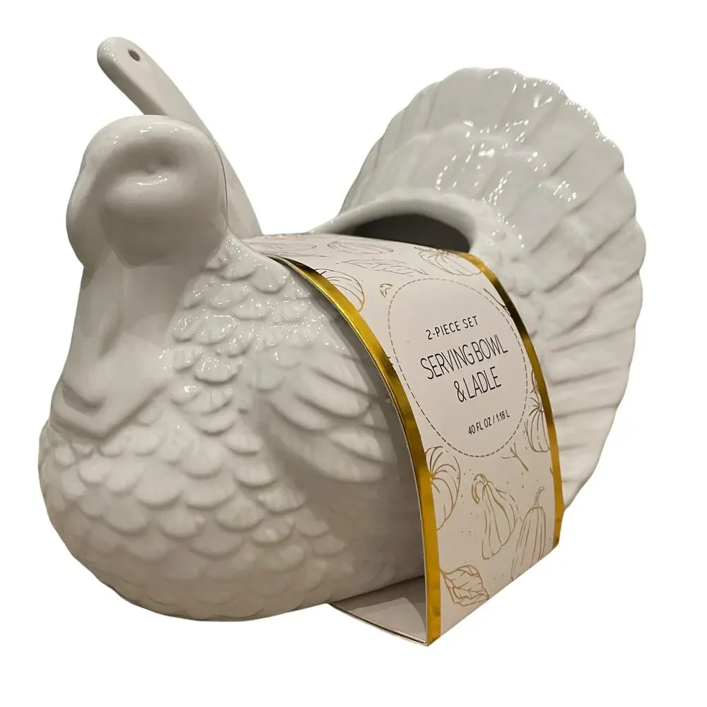 Turkey Shaped Serving Bowl and Ladle 2 Piece Set White 7in New